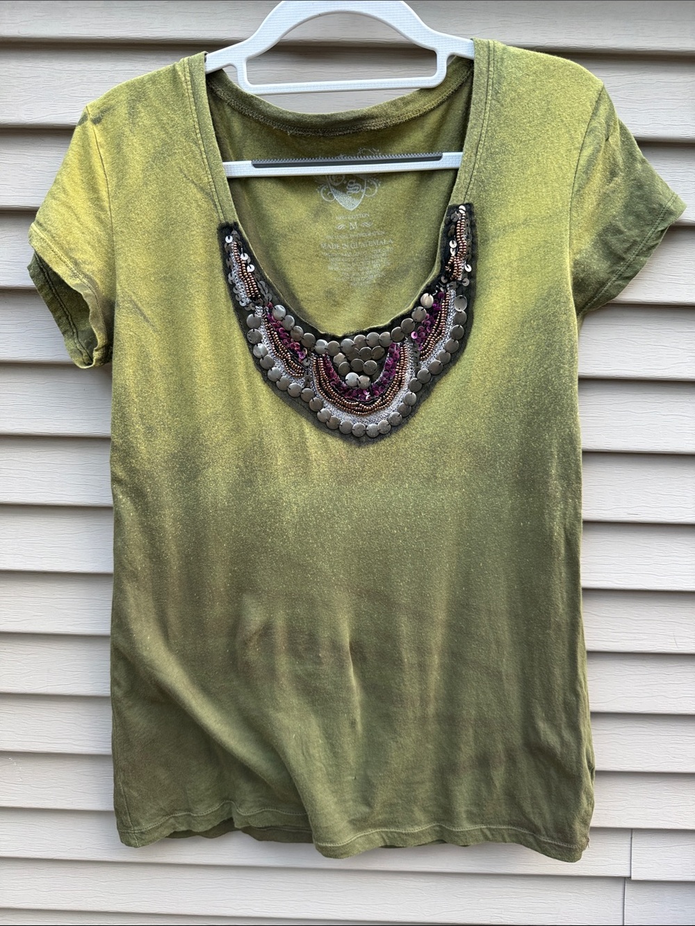Roxy Olive Green Scoop Neck Tee with Beaded Coin Embellishment